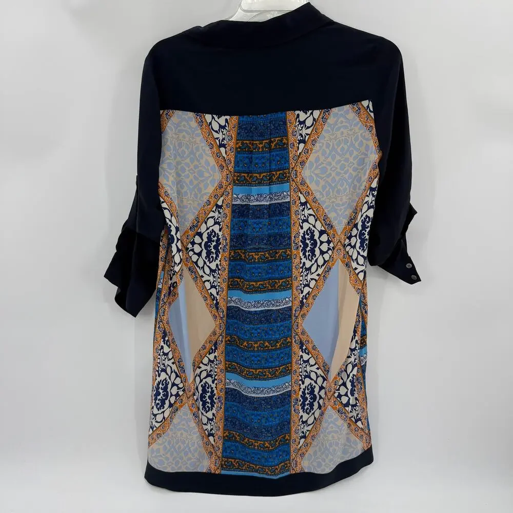 CLUB MONACO Silk Tunic Shirt Womens Size 2 Roll-Tab Sleeve Button Front Artsy - Picture 4 of 9